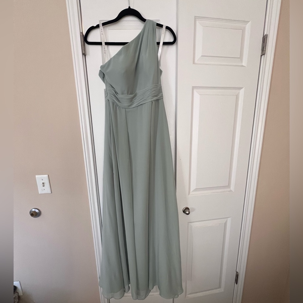 Sage green, one shoulder, floor length bridesmaid dress